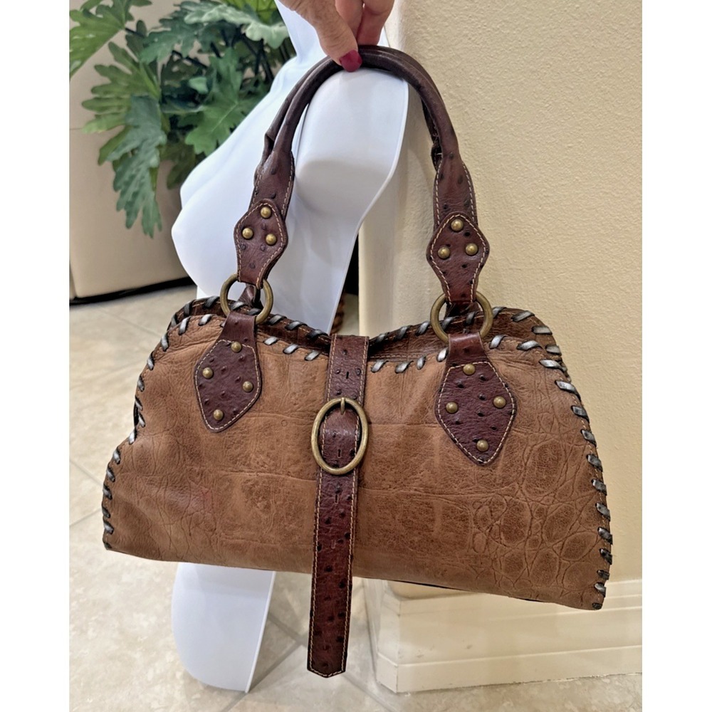 VTG Claudia Firenze Brown Leather Textured Satchel Whipstitch Shoulder Bag Italy